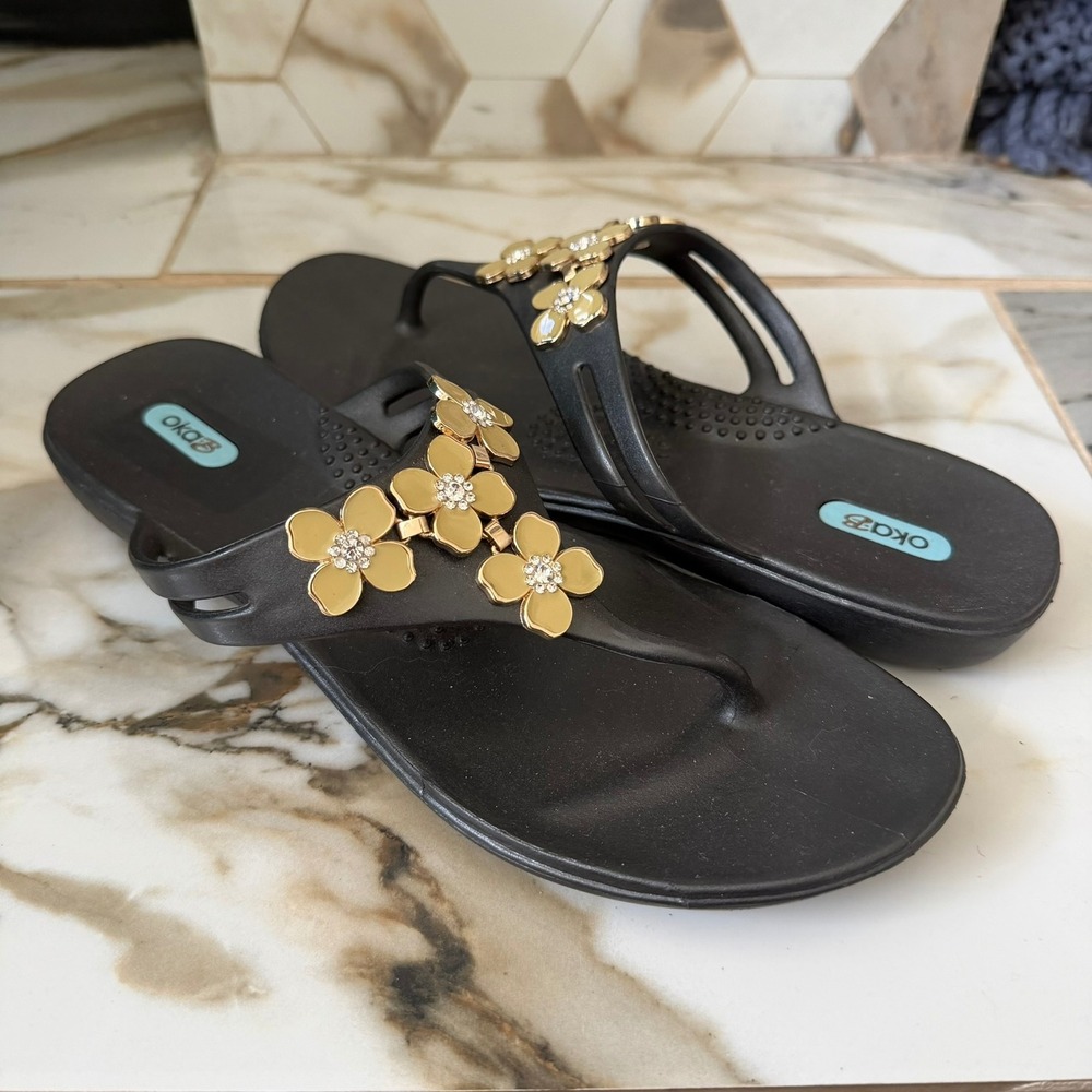Oka-B Black Gold Floral Rhinestone‎ Thong Sandals Made in USA Womens Size 9.5